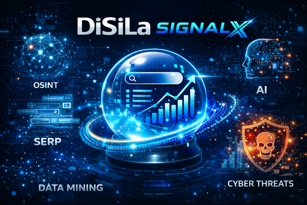 איור טכנולוגי עתידני של DiSiLa SignalX עם כדור נתונים זוהר, גרפים אנליטיים ואלמנטים של OSINT, SERP, בינה מלאכותית, כריית נתונים ואיומי סייבר המחוברים ברשת נוירונית דיגיטלית.