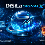 Futuristic illustration of DiSiLa SignalX showing a glowing data sphere with analytics charts, OSINT, SERP, AI, data mining and cyber threats elements connected in a neural network environment.